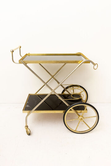 Vintage Hollywood Regency messing barcart/serveerwagen met zwarte glazen platen