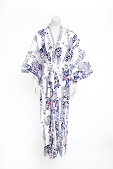 Vintage Japanse kimono wit katoen met donkerblauwe/roze print en ceintuur