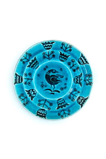 Vintage Max Laeuger wandbord turkoois met vogel en bloemen Majolika Karlsruhe 4069