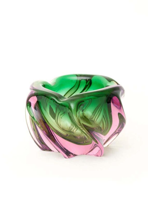 Vintage Murano glazen asbak of schaaltje met groen/roze swirl