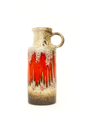 Vintage Scheurich 407-20 bruine vaas met oor en rode zigzag