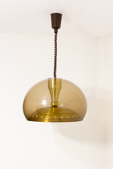 Vintage Space Age hanglamp Dijkstra met bruine kunststof bol en aluminium binnenwerk