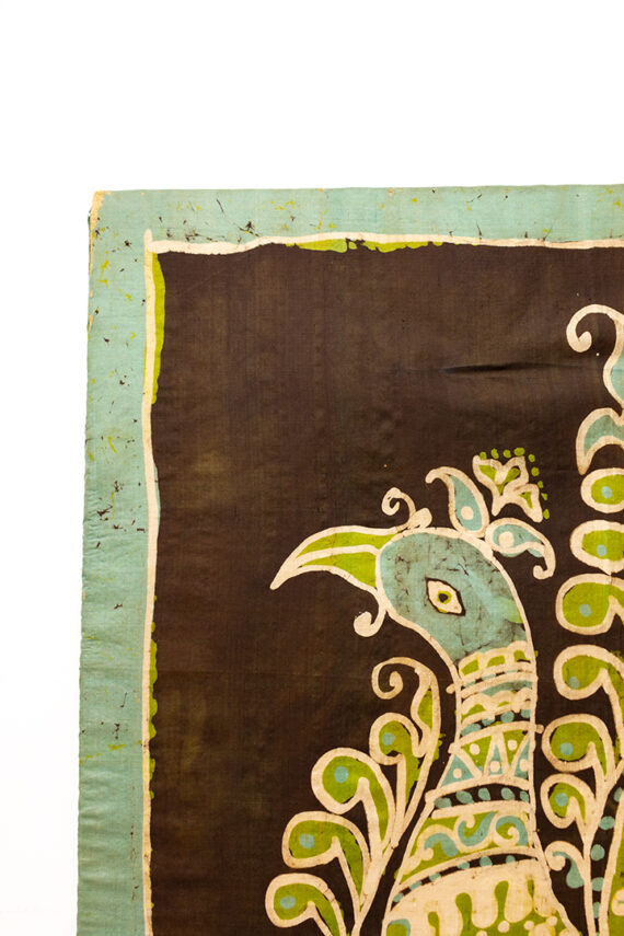 Vintage batik wanddoek groen/bruin met vogel