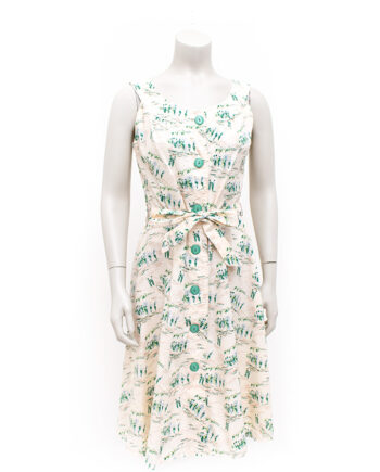Vintage beige katoenen zomerjurk met mintgroene paardenrace print