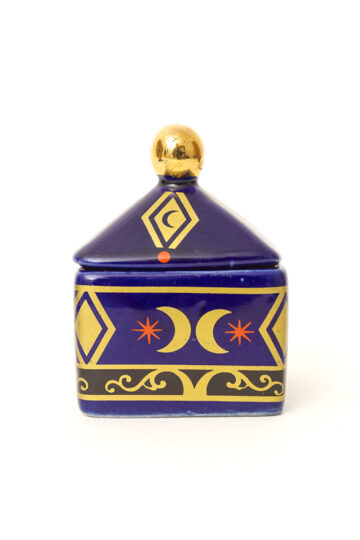 Vintage blauw keramieken potje met print van goudkleurige manen