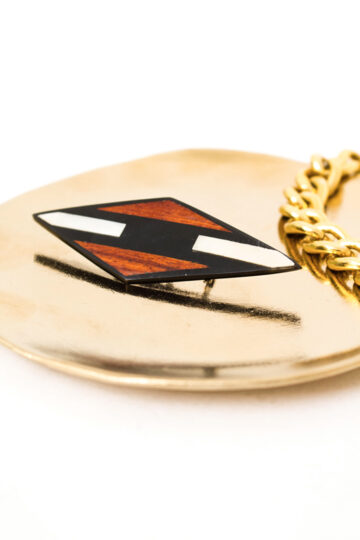 Vintage broche ruit ingelegd met teakhout en parelmoer