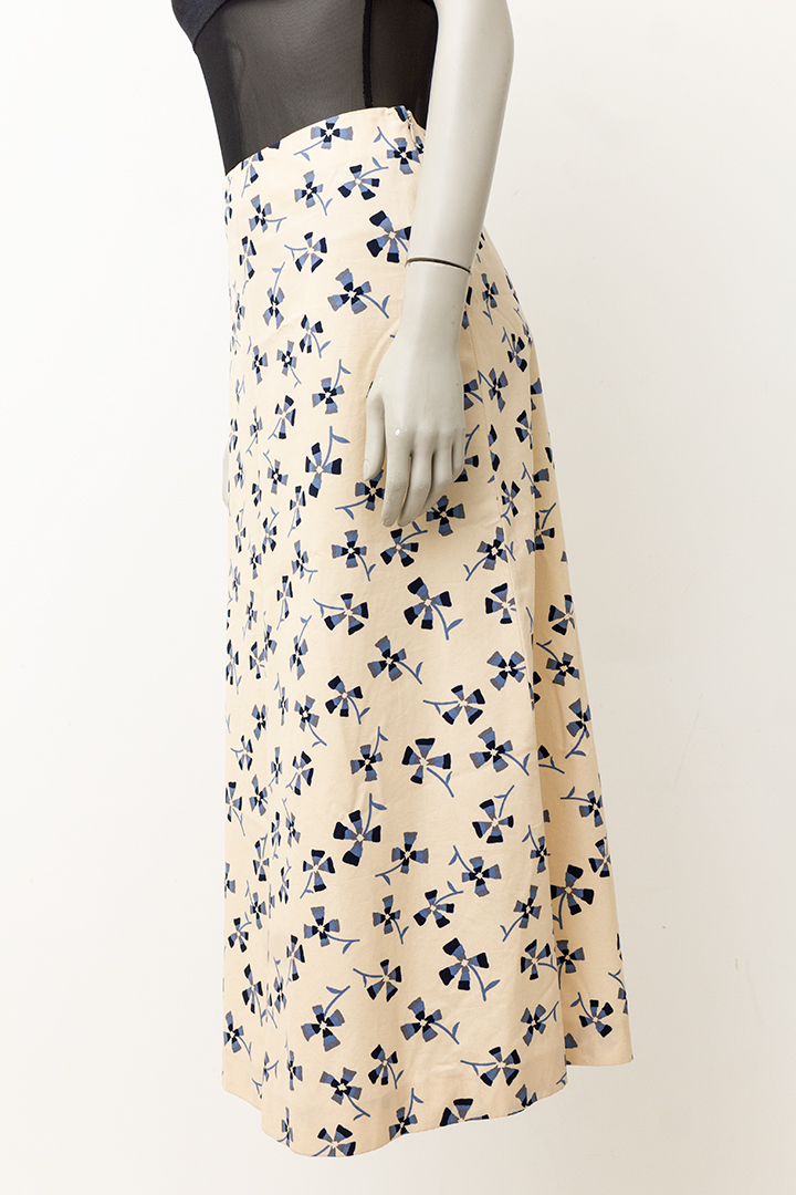 Vintage crèmekleurige midirok met grafische blauwe bloemenprint Marni