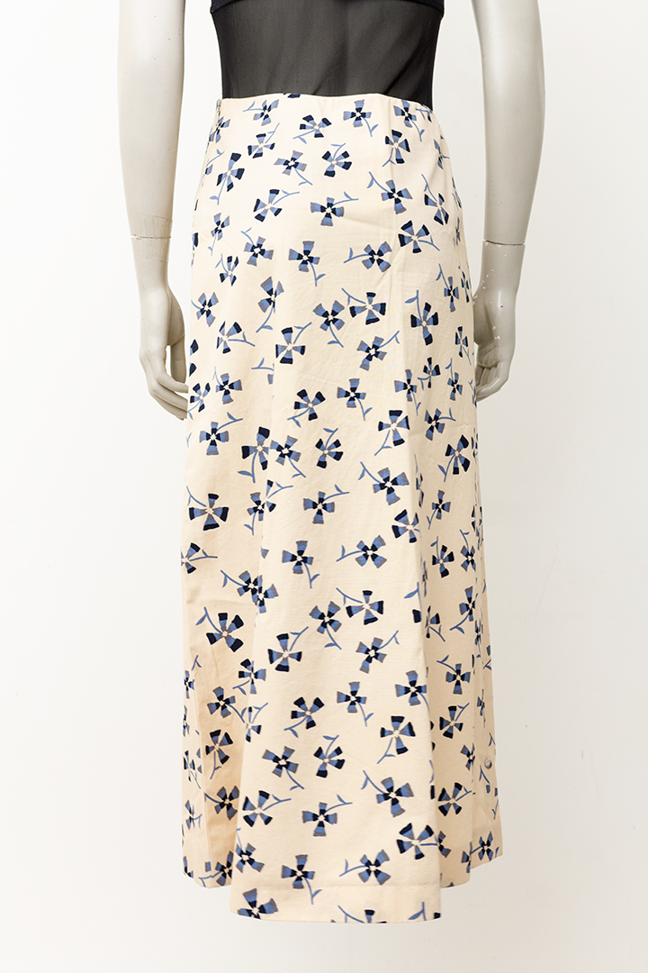 Vintage crèmekleurige midirok met grafische blauwe bloemenprint Marni