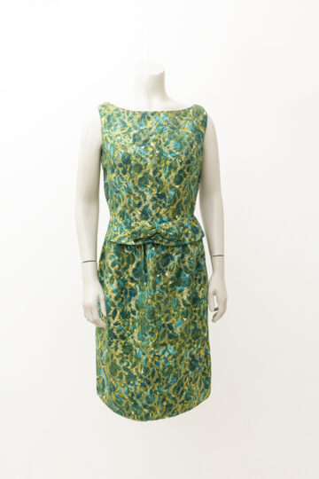 Vintage feestjurk groen/goud met strik in de taille