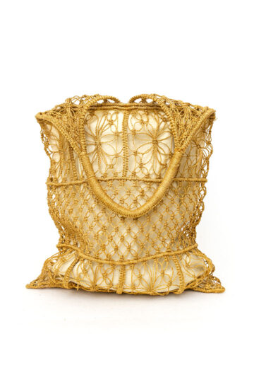 Vintage geknoopte raffia tas met witte katoenen voering