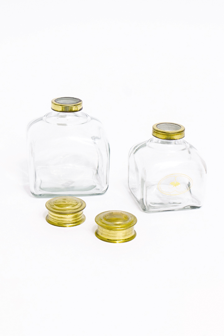 Vintage glazen potten met messing deksel Holmegaard Michael Bang