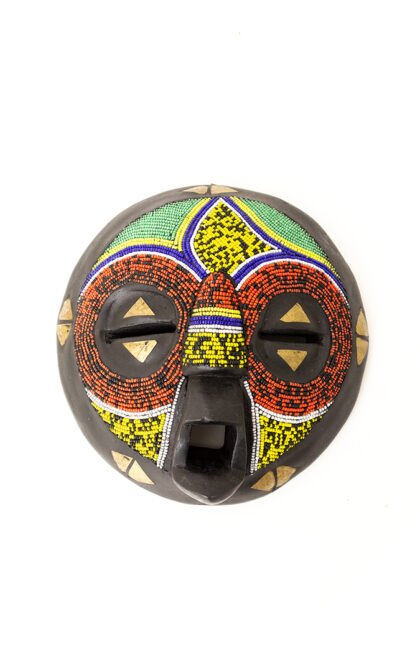 Vintage handgemaakt houten masker ingelegd met kralen en messing Ashanti Ghana