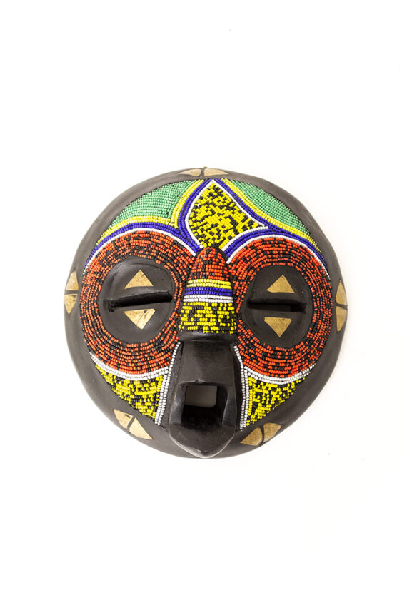 Vintage handgemaakt houten masker ingelegd met kralen en messing Ashanti Ghana