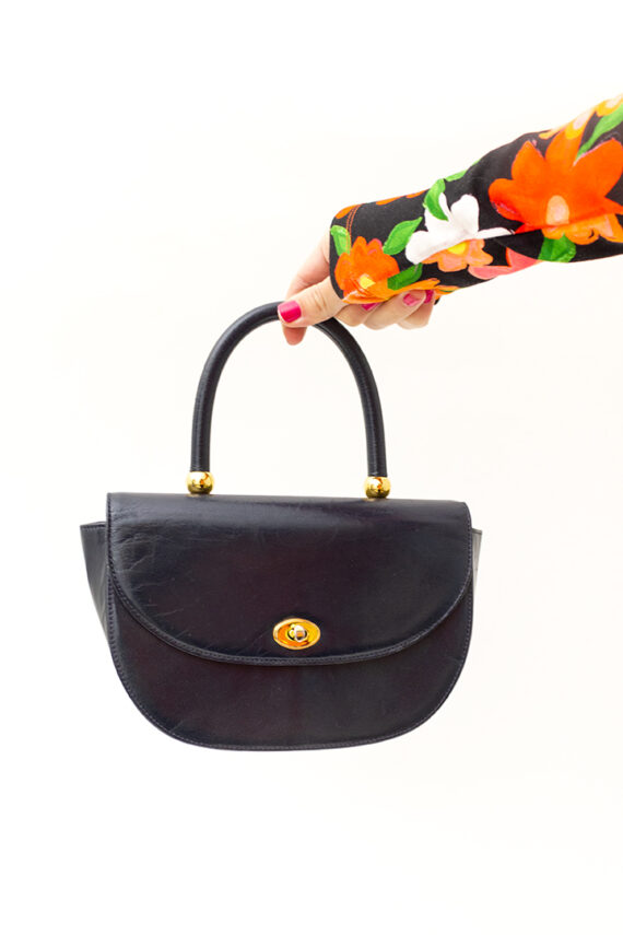 Vintage handtas van zwart leer met goudkleurige bolletjes Hanae Mori