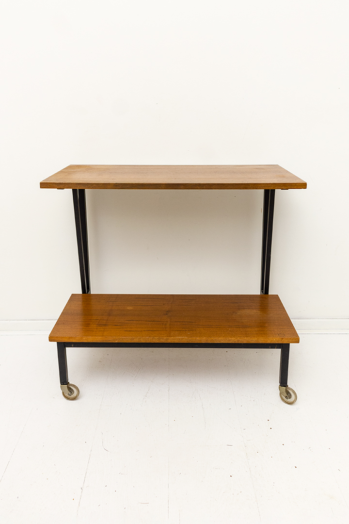 Vintage houten barcart/serveerwagen met zwart buizenframe