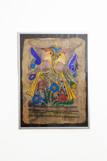 Vintage ingelijste ‘amate-bark’ Mexicaans folklore schilderij op schorspapier