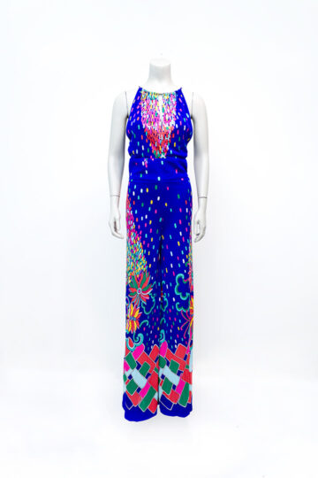 Vintage jumpsuit kobaltblauw met kleurrijke print jaren 70