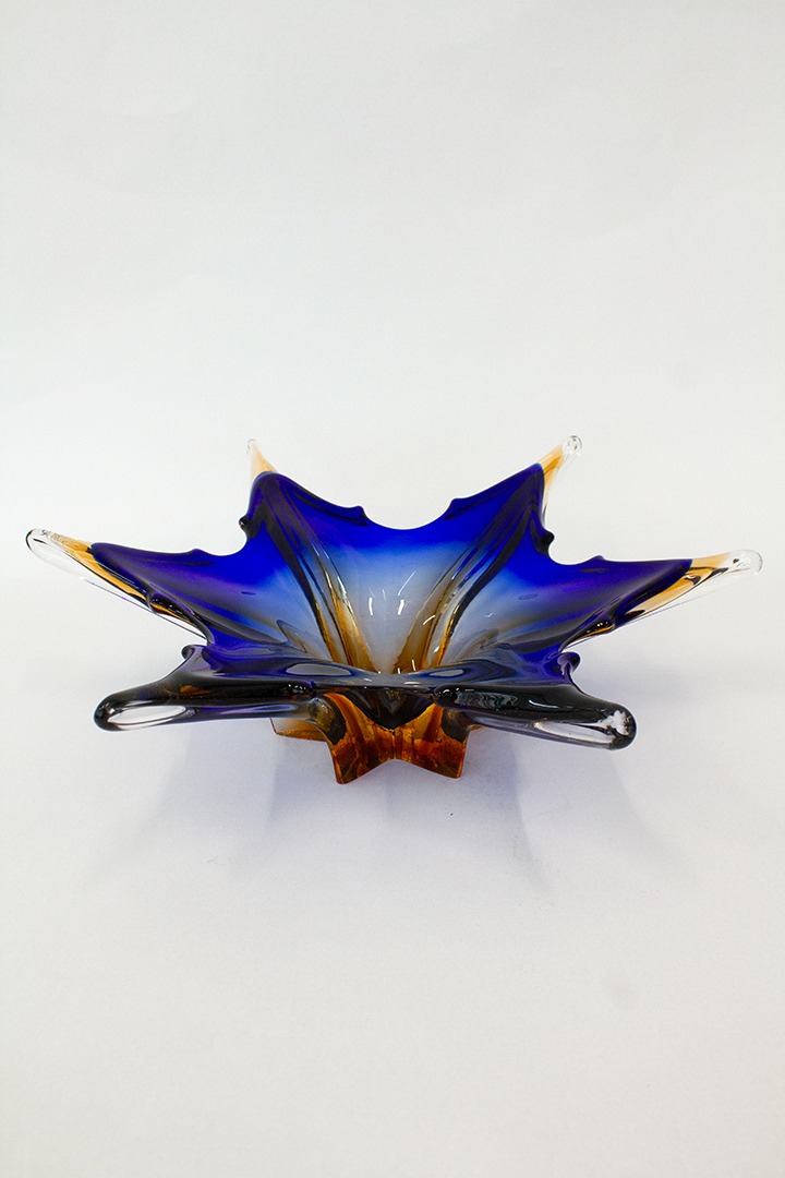 Vintage kobaltblauwe met oranje Murano fruitschaal