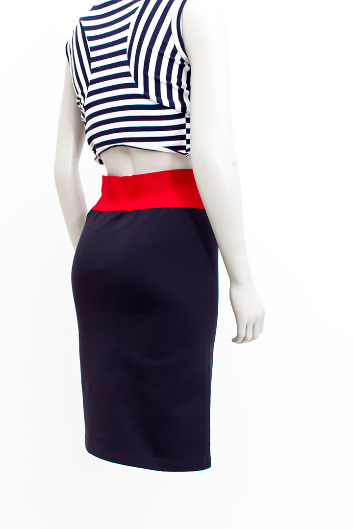 Vintage kokerrok zwart met rode tailleband Marithé + Francois Girbaud