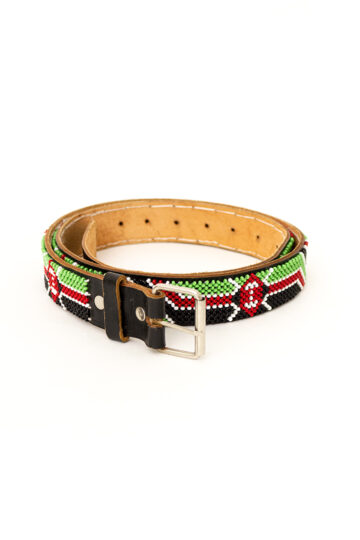 Vintage leren riem met gekleurde kraaltjes rood/groen/zwart/wit