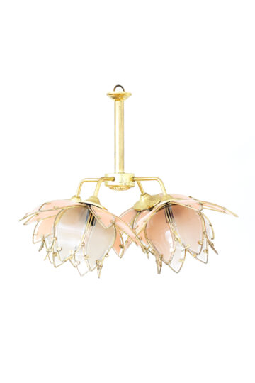 Vintage lotus lamp voor plafond met messing frame en roze glas