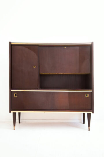 Vintage gelakt palissander highboard met messing biezen