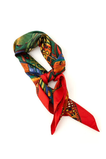 Vintage rode zijden sjaal met kunstige print Loris Azzaro