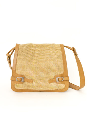 Vintage rotan schoudertas met bruine leren details