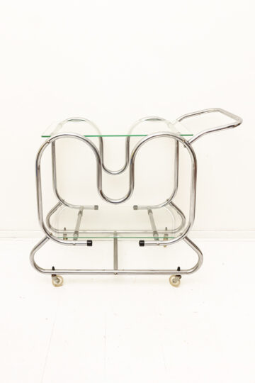Vintage serveerwagen met verchroomd frame en twee glazen bladen