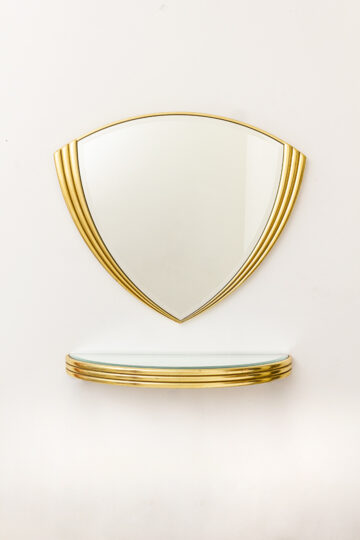 Vintage spiegel en planchet waaiervormig Art Deco met vergulde omlijsting