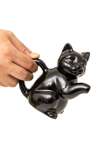 Vintage theepot kat zwart van keramiek