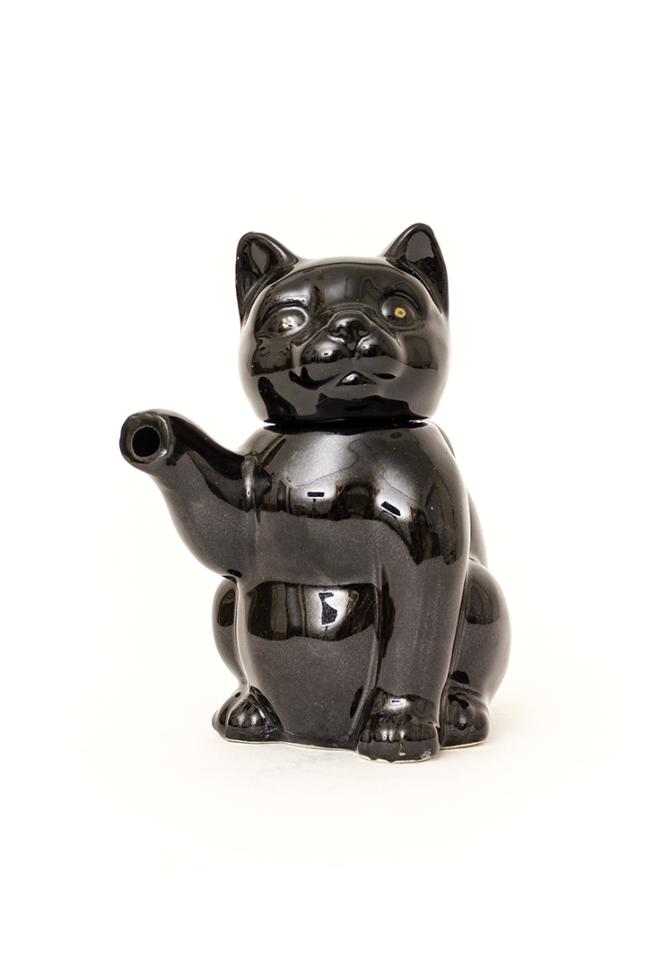 Vintage theepot kat zwart van keramiek