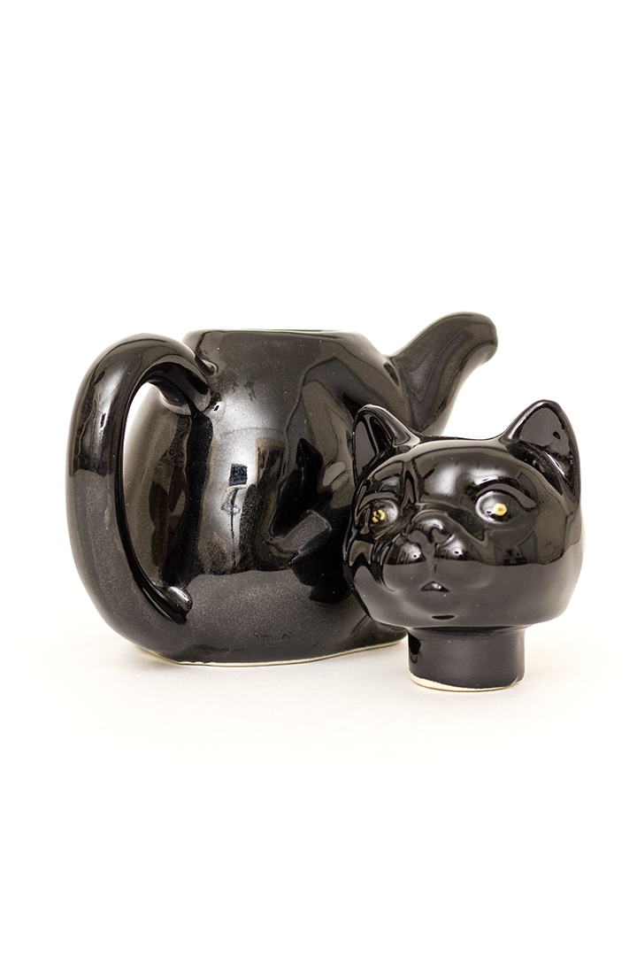 Vintage theepot kat zwart van keramiek