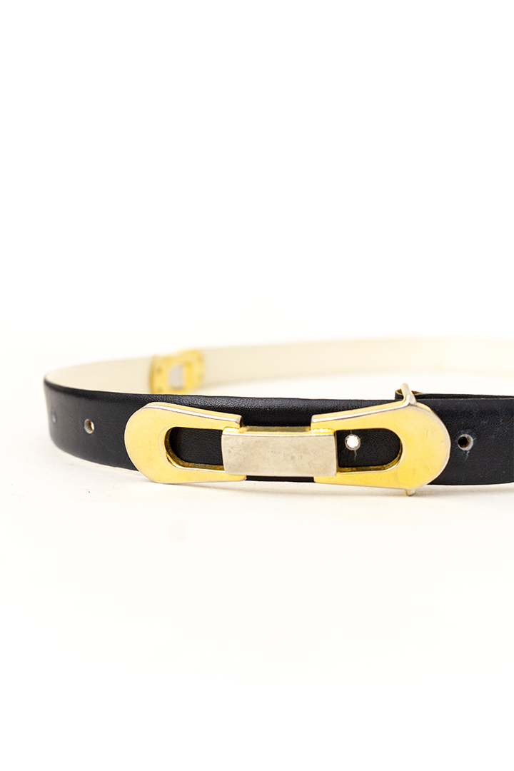 Vintage zwart/wit leren riem met goudkleurige metalen gespen