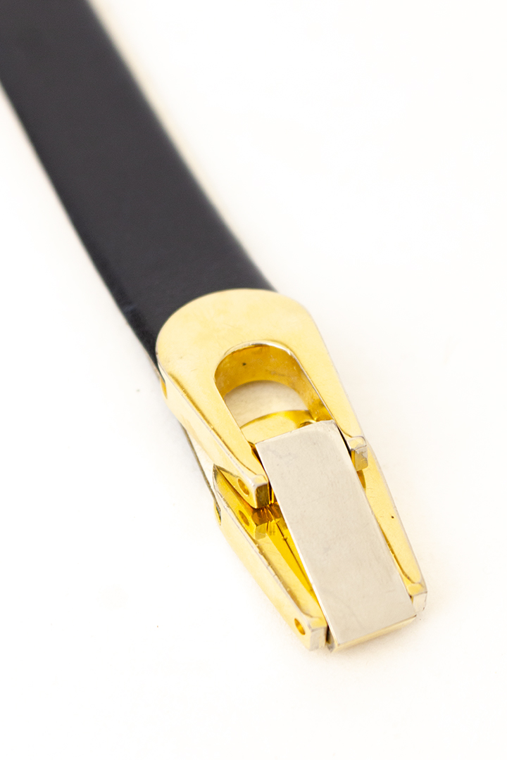 Vintage zwart/wit leren riem met goudkleurige metalen gespen