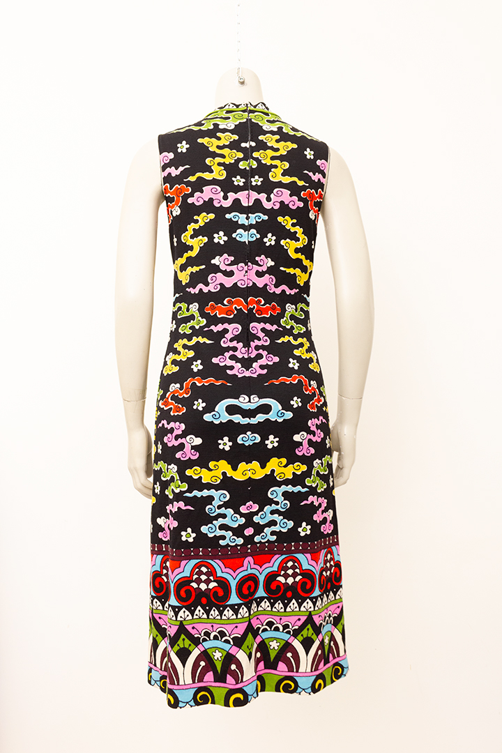 Vintage zwarte jurk met gekleurde wolkjesprint Marshall Field & Company Amerika