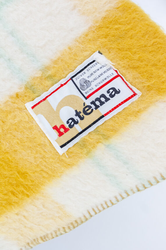 Wollen deken vintage Hatéma geruit okergeel/beige/groen