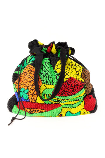 Zwart vintage kralentasje cordé bead met gekleurd exotisch fruit