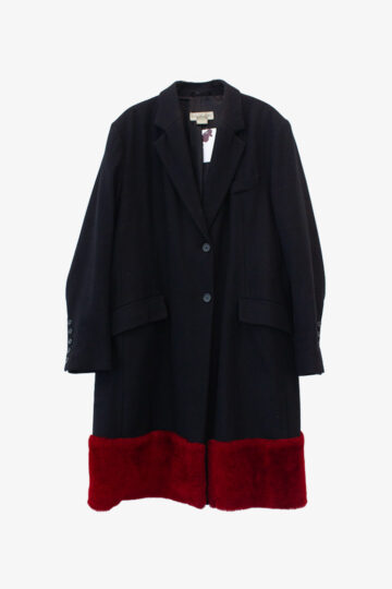 Zwarte wollen Dries van Noten jas met rode faux fur