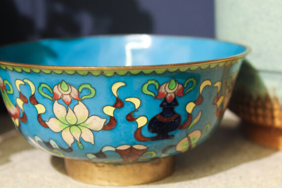 Blauw geëmailleerd cloisonné schaaltje van messing - Afbeelding 3